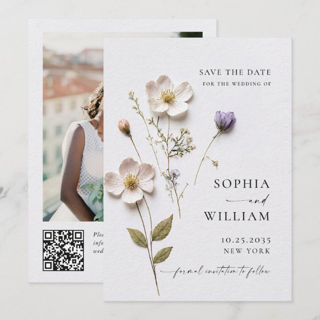 Elegant Print Pressed Pastel Boho Flowers Wedding Save The Date (Front/Back)