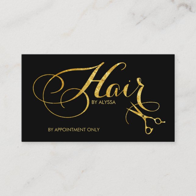 Elegant Printed Gold Foil Script Hair Stylist Business Card (Front)