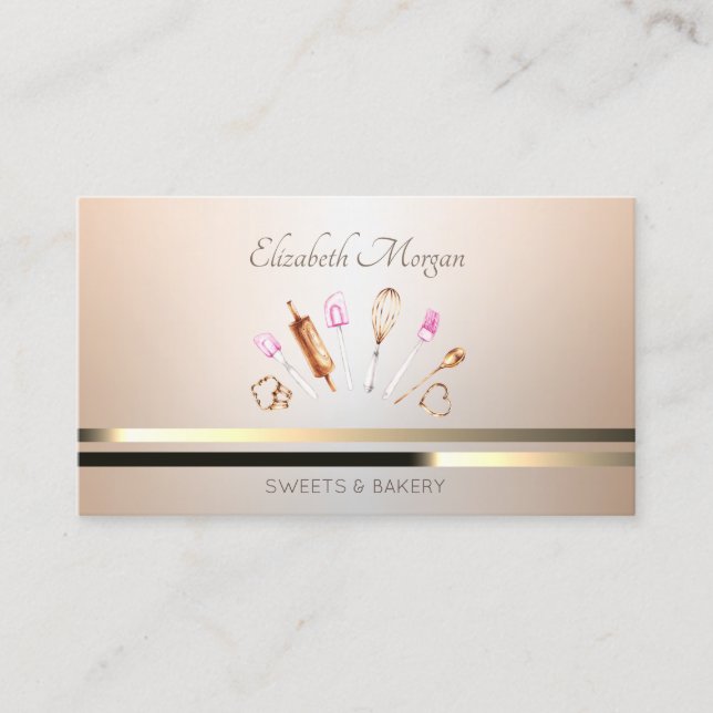 Elegant Professional Bakery Tools Gold Stripes Business Card (Front)