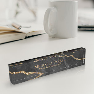 Elegant Professional Black and Gold Agate Geode Nameplate