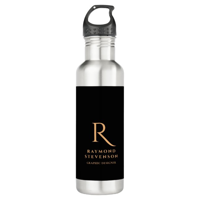 Elegant Professional Black Gold Monogrammed 710 Ml Water Bottle (Front)