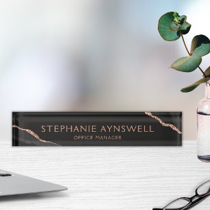 Elegant Professional Black Rose Gold Agate Geode Nameplate