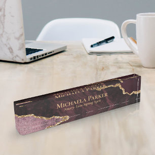 Elegant Professional Burgundy Gold Agate Geode Nameplate