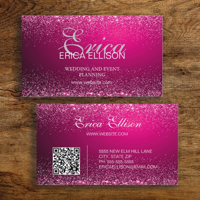 Elegant Professional Business QR Code Pink Silver Business Card (Hot pink business card with silver glitter.  Includes a QR code for your website)