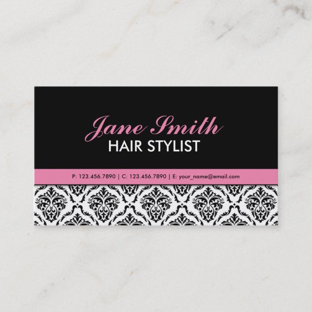 Elegant Professional Damask Floral Cosmetologist Business Card (Front)