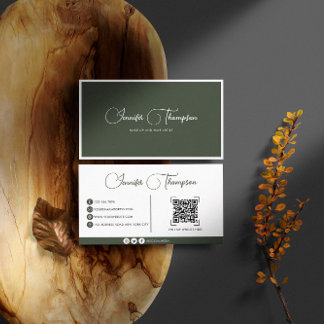 Elegant Professional Dark Green Script QR Code Business Card