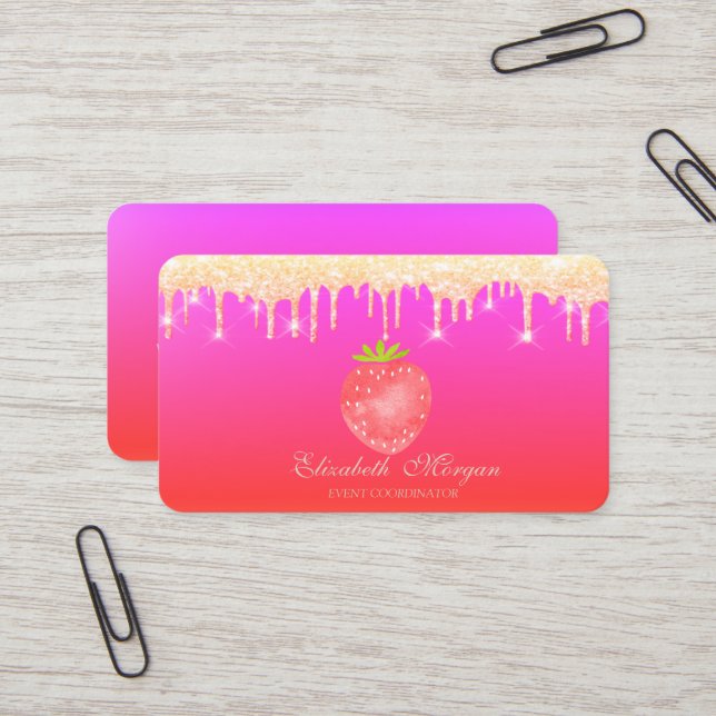 Elegant Professional Glitter Drips Strawberry Red Business Card (Front/Back In Situ)