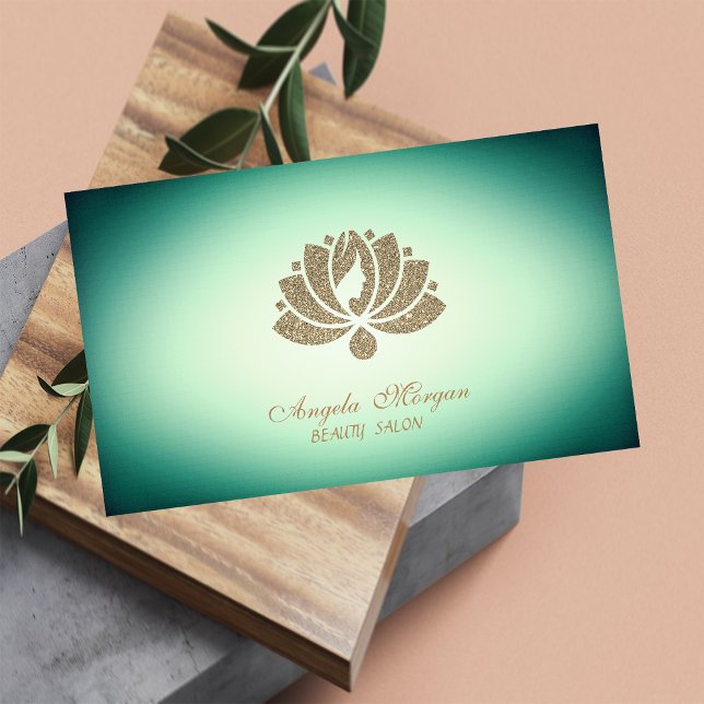 Elegant Professional Glitter Lotus Flower Green Business Card (Creator Uploaded)
