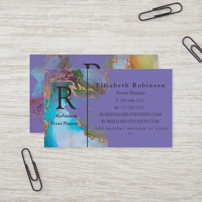 Elegant Professional Gold Blue Purple Periwinkle Business Card (Front/Back In Situ)