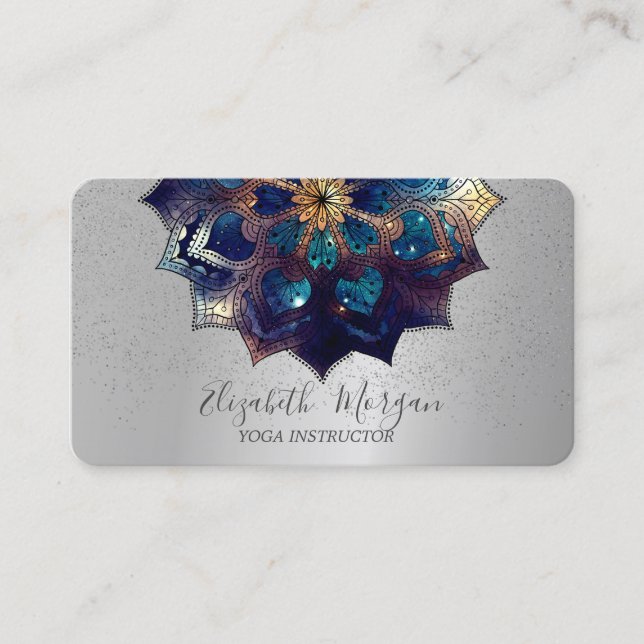 Elegant Professional Mandala Silver Confetti Yoga  Business Card (Front)