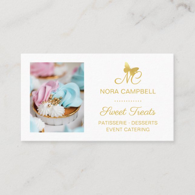 Elegant Professional Monogram Gold Butterfly Photo Business Card (Front)