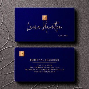 Elegant professional monogram navy blue gold business card