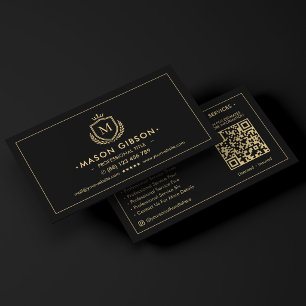 Elegant Professional Monogram Shield Crown Black Business Card