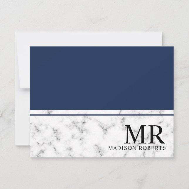 Elegant professional navy blue marble monogram card (Front)