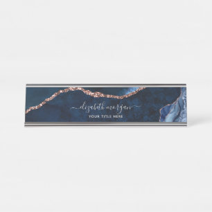 Elegant Professional Navy Blue Rose Gold Agate Desk Name Plate