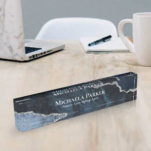 Elegant Professional Navy Blue Silver Agate Geode Nameplate