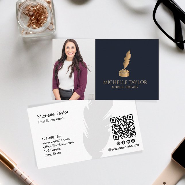 Elegant Professional Navy Mobile Notary QR Code Business Card (Notary Business Card and Logo Design)