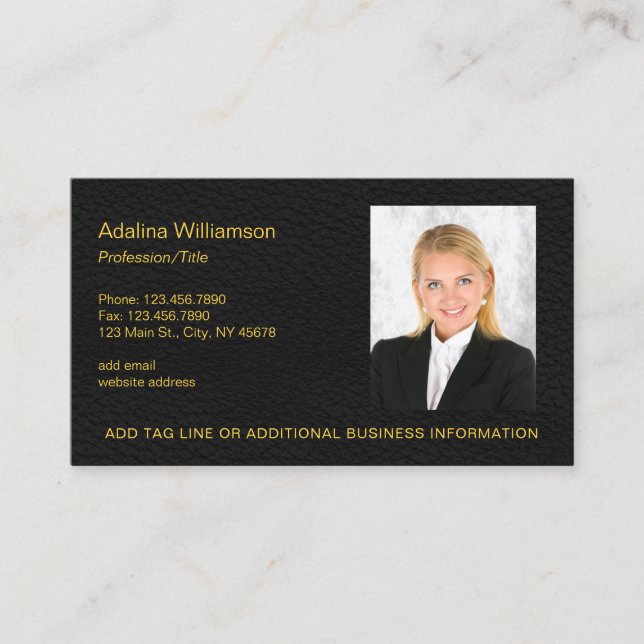 Elegant Professional Photo Faux Black Leather Business Card (Front)