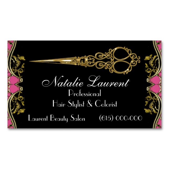 Elegant Professional Scissor French Baroque Black Magnetic Business Card (Front)