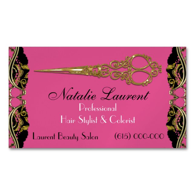 Elegant Professional Scissor French Baroque Pink Magnetic Business Card (Front)