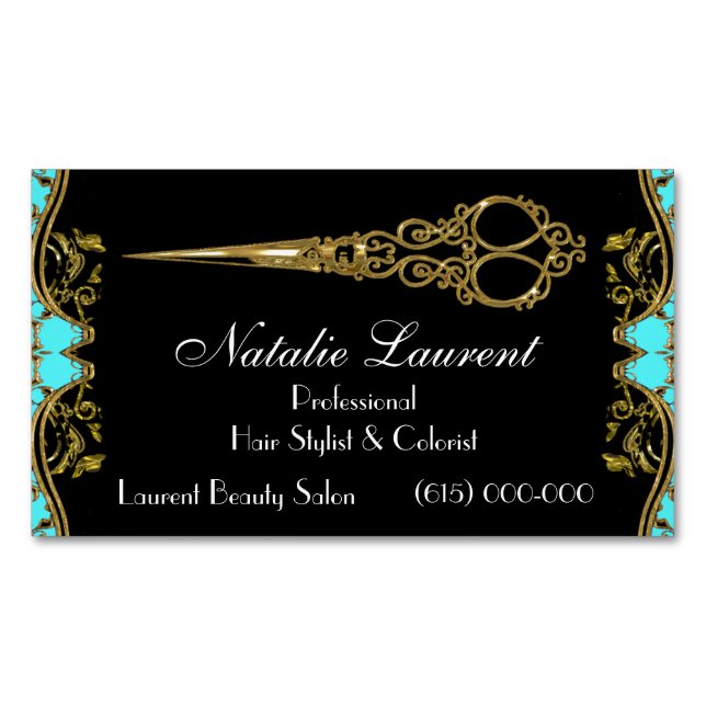 Elegant Professional Scissor French Knight Teal Magnetic Business Card (Front)