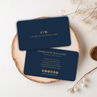 Elegant Professional Simple Monogram Gold Navy Business Card