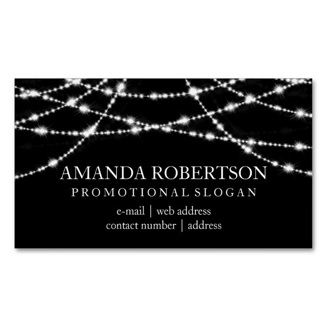 Elegant Professional String Lights Black Magnetic Business Card (Front)