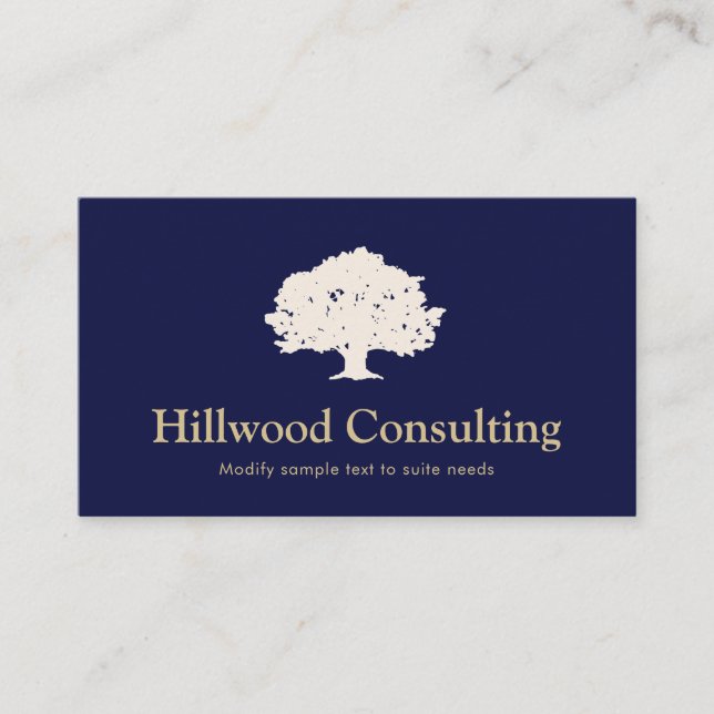 Elegant Professional  Tree Logo Navy Blue Business Card (Front)