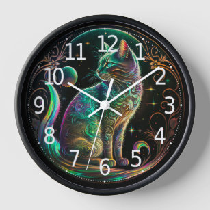 Elegant Psychedelic Cat Modern Artwork   Clock