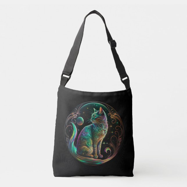 Elegant Psychedelic Cat Modern Artwork | Crossbody Bag (Front)
