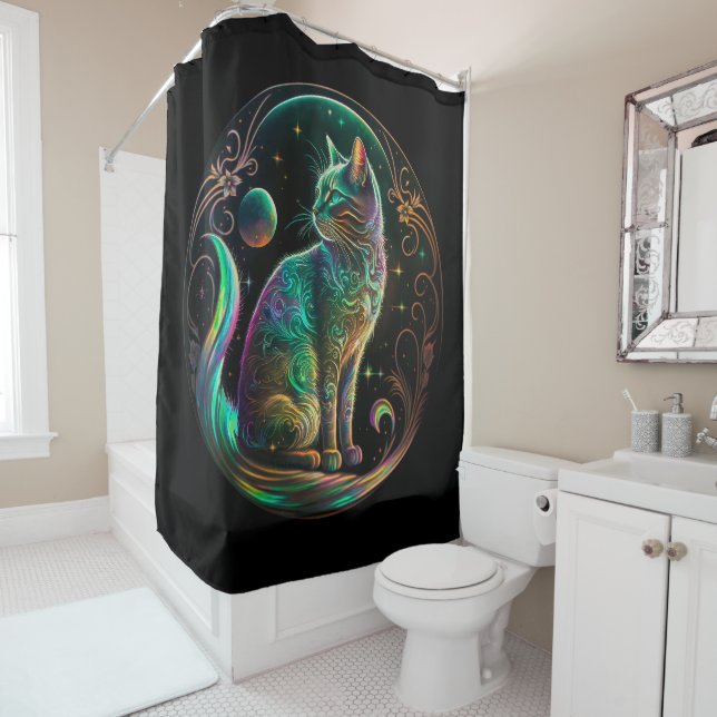 Elegant Psychedelic Cat Modern Artwork | Shower Curtain (In Situ)