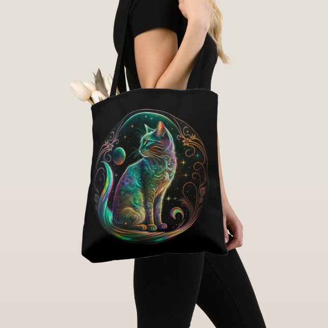 Elegant Psychedelic Cat Modern Artwork | Tote Bag (Close Up)