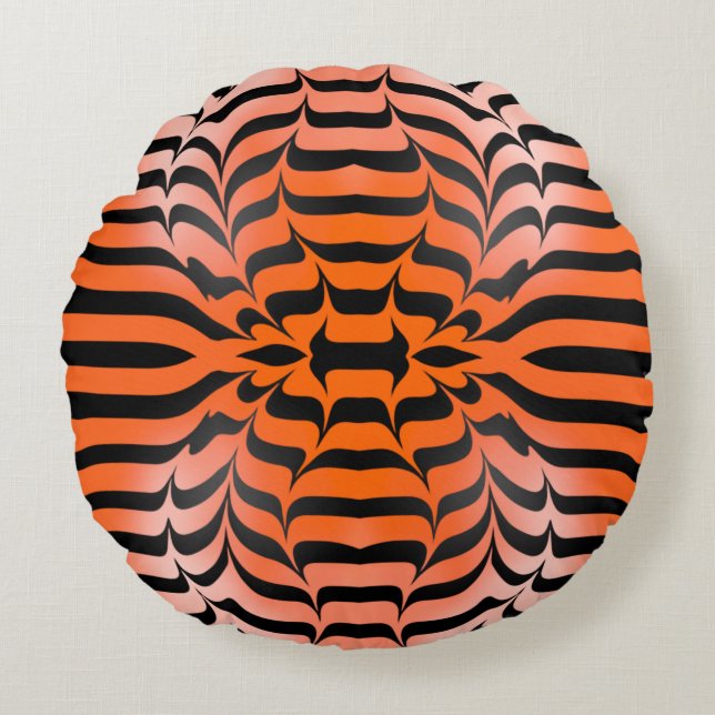 Elegant Psychedelic Orange Black Tiger Skin Print Round Cushion (Front)