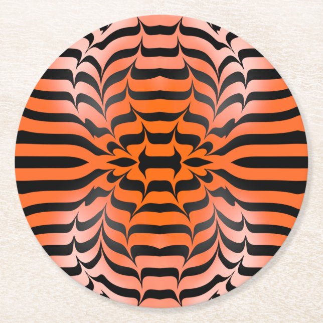Elegant Psychedelic Orange Black Tiger Skin Print Round Paper Coaster (Front)