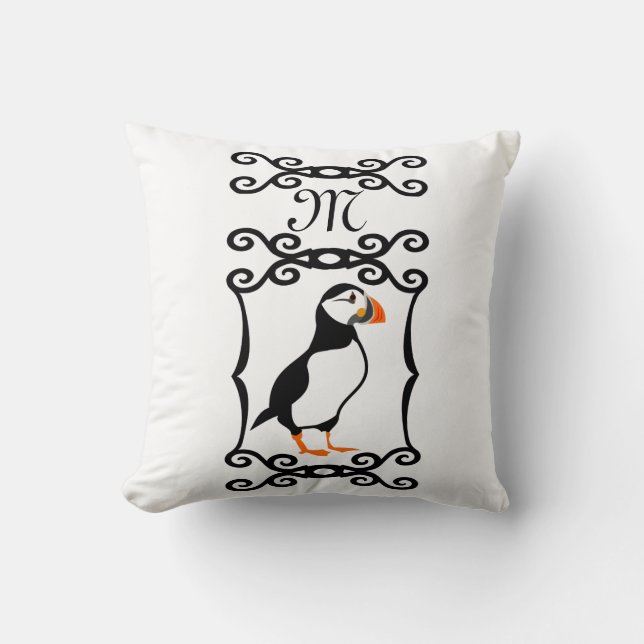 Elegant Puffin in a French Iron Frame Monogram Cushion (Front)