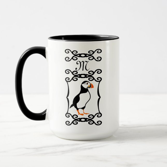 Elegant Puffin in a French Iron Frame Monogram Mug (Left)