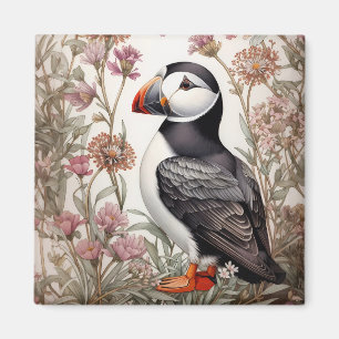 Elegant Puffin William Morris Inspired Floral Magnet