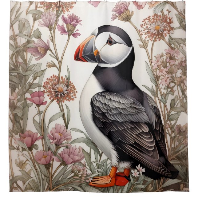 Elegant Puffin William Morris Inspired Floral Shower Curtain (Front)
