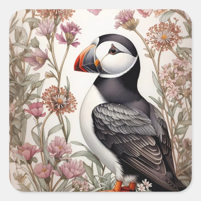 Elegant Puffin William Morris Inspired Floral Square Sticker (Front)