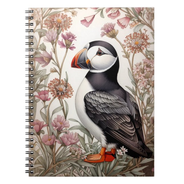 Elegant Puffin William Morris Inspired Pink Flower Notebook (Front)