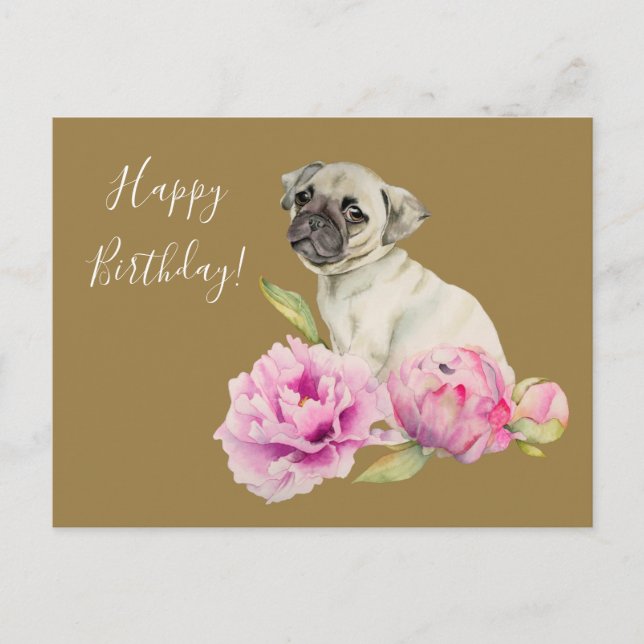 Elegant Pug and Peonies | Birthday Postcard (Front)