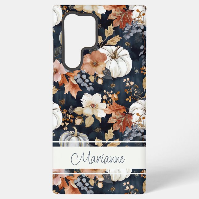 Elegant Pumpkin and flowers fall pattern Samsung Galaxy S22 Ultra Case (Back)