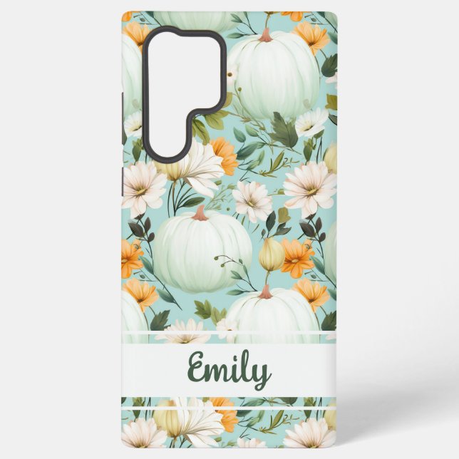 Elegant Pumpkin and flowers fall pattern Samsung Galaxy S22 Ultra Case (Back)