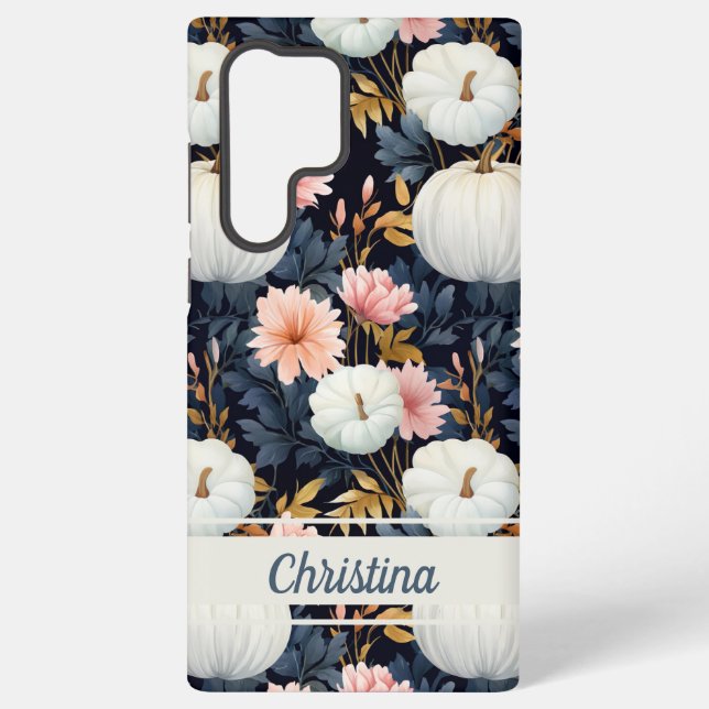 Elegant Pumpkin and flowers fall pattern Samsung Galaxy S22 Ultra Case (Back)