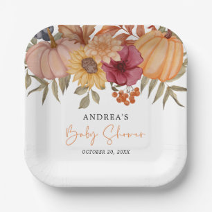 Elegant Pumpkin Autumn Fall Flower Baby Shower Paper Plate