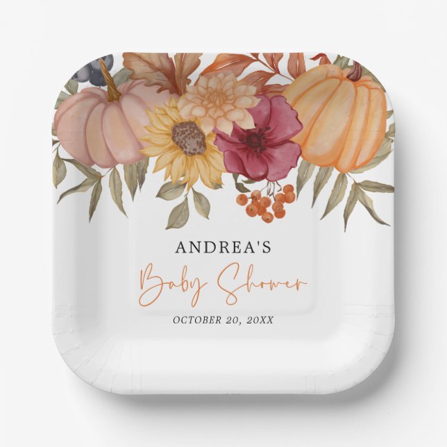 Elegant Pumpkin Autumn Fall Flower Baby Shower Paper Plate (Front)