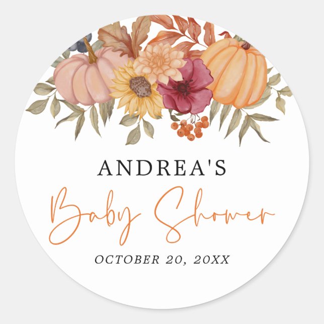 Elegant Pumpkin Autumn Flower Pumpkin Baby Shower Classic Round Sticker (Front)