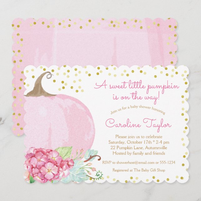 Elegant Pumpkin Baby Shower Watercolor Pink Gold Invitation (Front/Back)