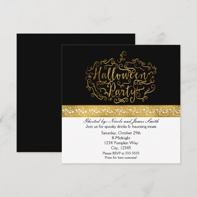 Elegant Pumpkin Black White & Gold Invitations (Front/Back)