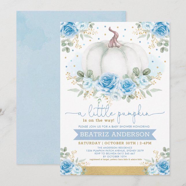 Elegant Pumpkin Blue Floral Roses Fall Baby Shower Invitation (Front/Back)